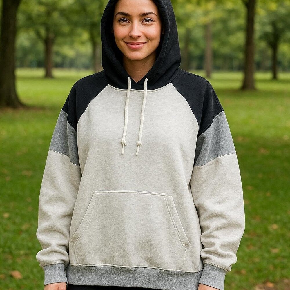 American Eagle Gray and Black Colorblock Soft Fleece Hooded Sweatshirt size L
